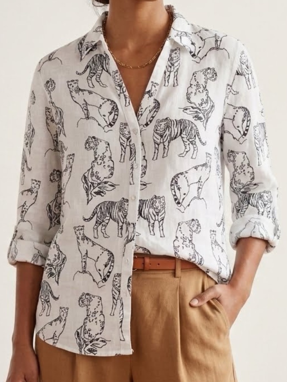 Cynthia Rowley 100 % Linen Black white Multi Wild Safari Animal Print shirt Sz S